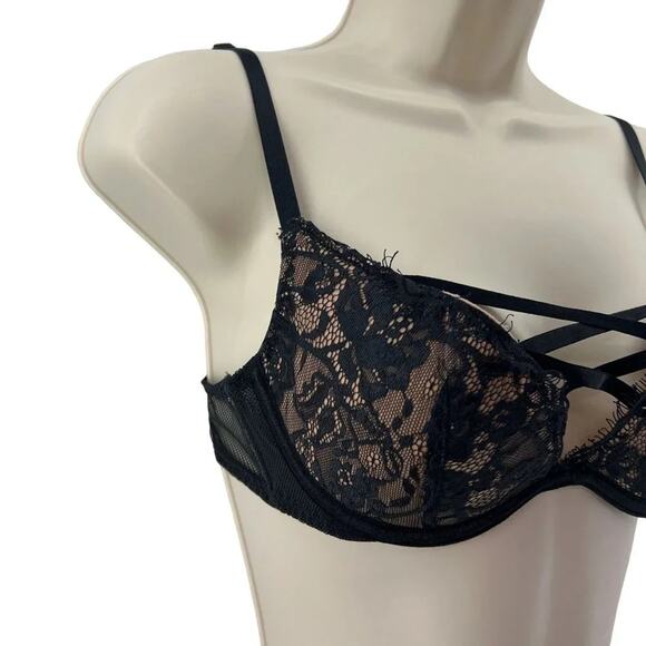 Adore Me Black and Tan Lace Strappy Bra Womens 34A - Picture 3 of 6